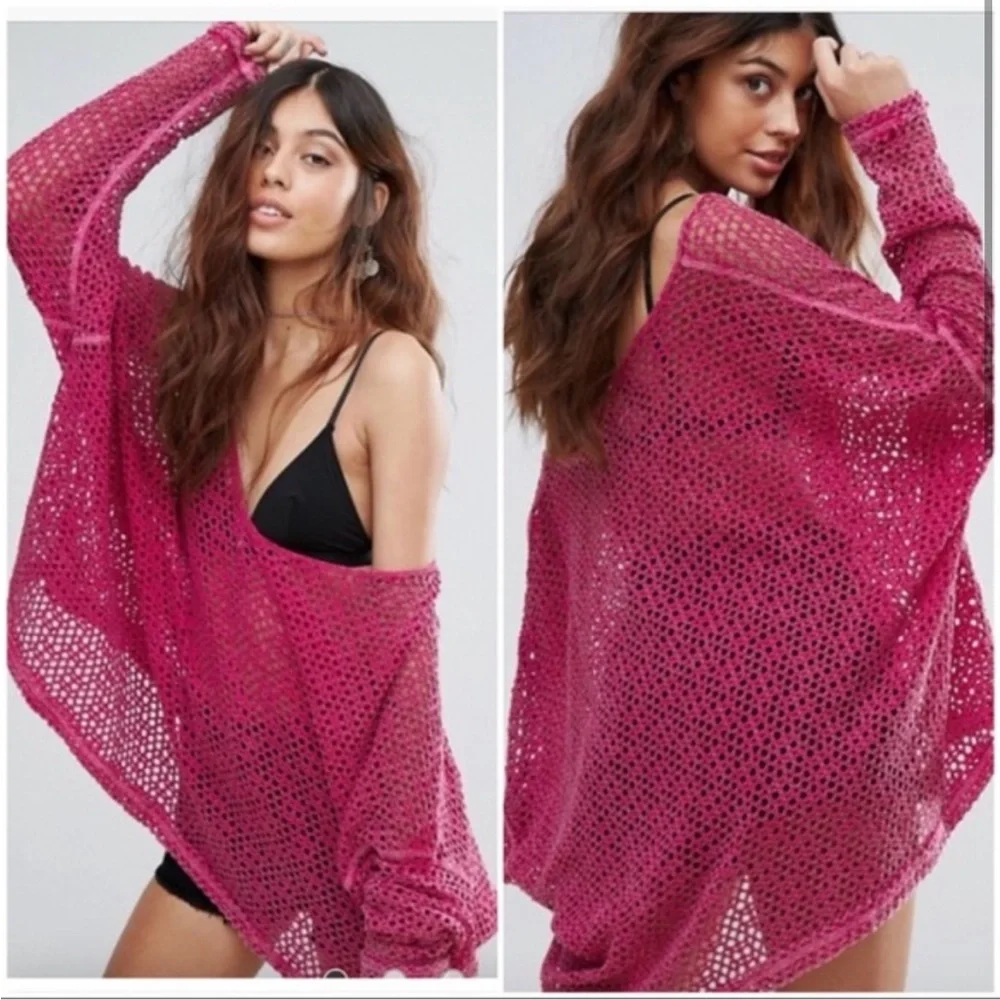 Free People Napa Crochet Sweater Pink Open Knit Slouchy V-Neck Dolman Mesh M